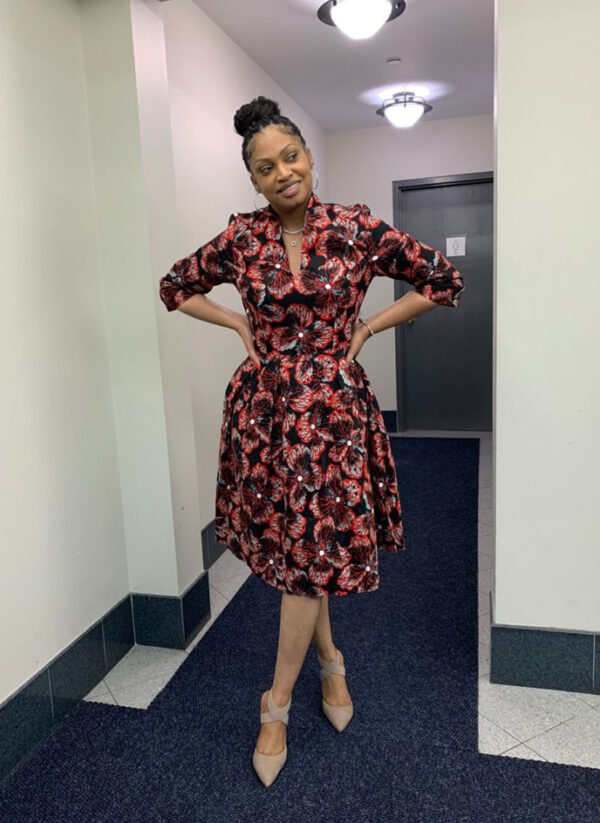 African Princess Dress with Floating Flowers Pattern in Black/Red