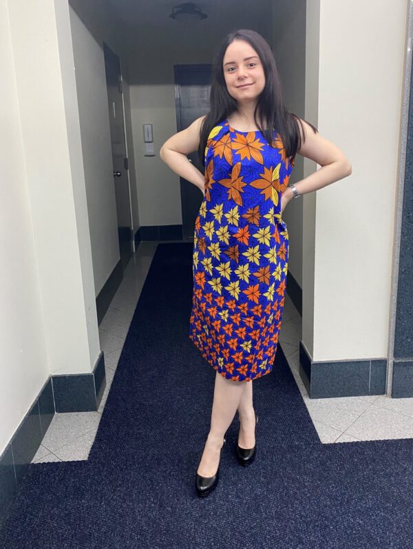 African Full Bloom Flowers Sleeveless straight dress in Blue/Orange/Yellow