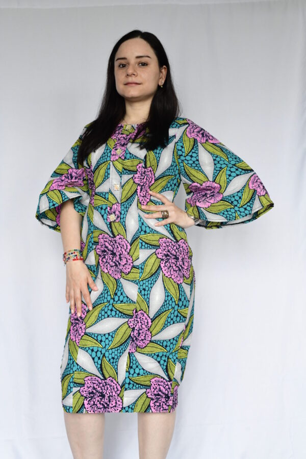 African Full Bloom Summer Flowers Straight Dress with Umbrella Sleeves in Turquoise/Pink