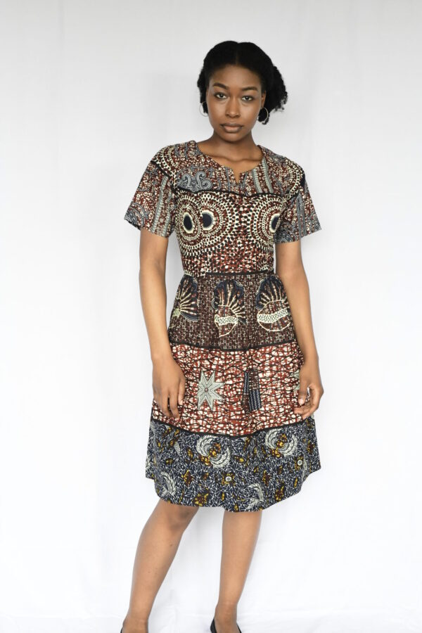 African Three Tier Freefall Dress | Black-Brown