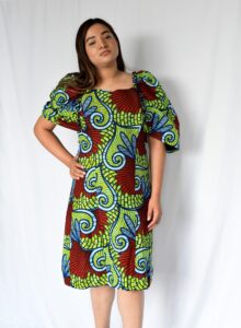 African Bloom Straight Dress with Umbrella Sleeves in Greenish Pattern -  Sante Wear Inc.