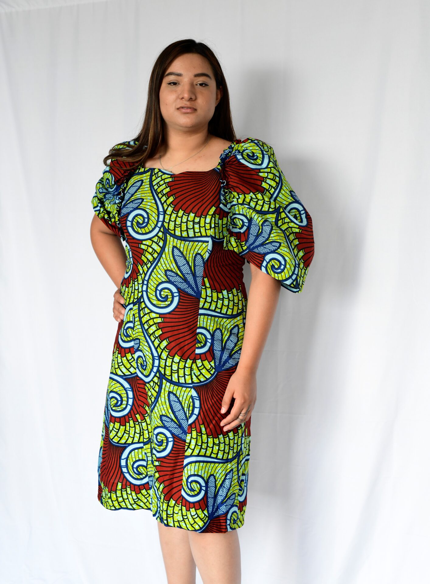 African Bloom Straight Dress with Umbrella Sleeves in Greenish